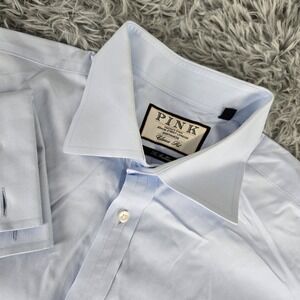 Pink The Bulldog Mens 17-35 Blue Long Sleeve French Cuff Button‎ Front Shirt